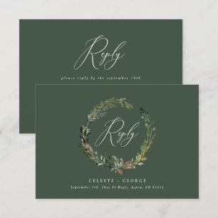 Svarskort för botaniskt krans grönt elegant bröllo anteckningskort