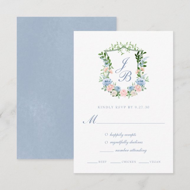 Svarskort för Dusty Blue Blommigt Vapensköld Bröll OSA Kort (Fram/baksida)