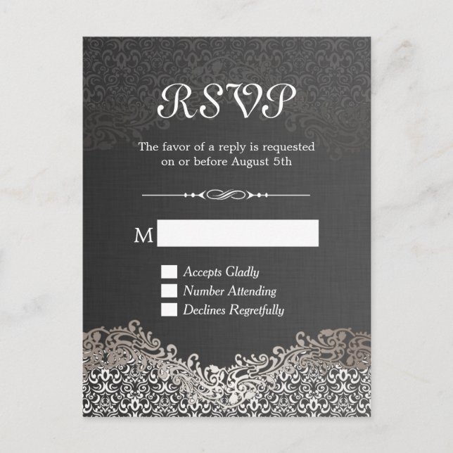 Svarskort för elegant Black Silver Damask OSA Inbjudan Vykort (Framsida)