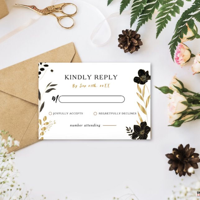 Svarskort för Elegant bröllop-OSA i svart Blommigt OSA Kort (Black Floral Elegant Wedding RSVP Response Card)