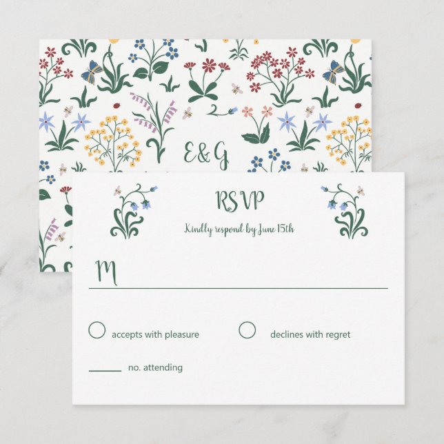 Svarskort för färgfyllda Whimsical Flowers Bröllop OSA Kort (Fram/baksida)