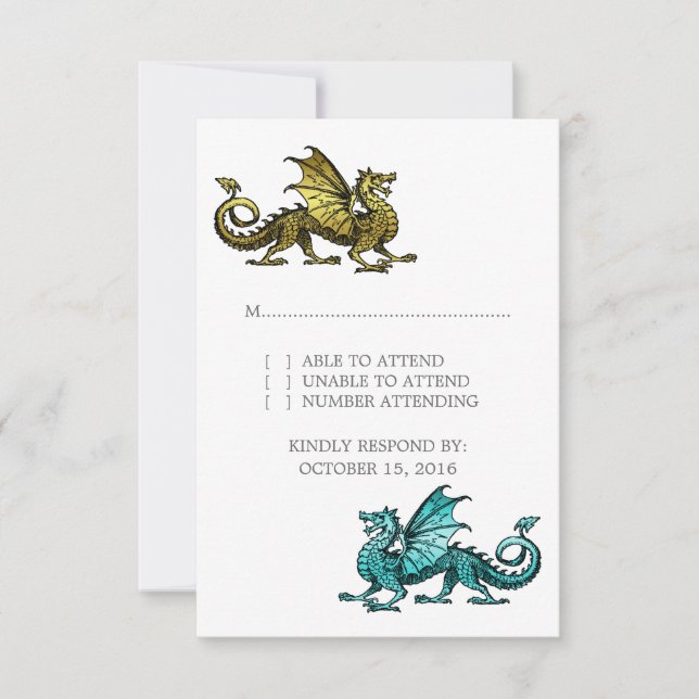 Svarskort för Guld Teal Dragon Bröllop OSA Kort (Framsida)