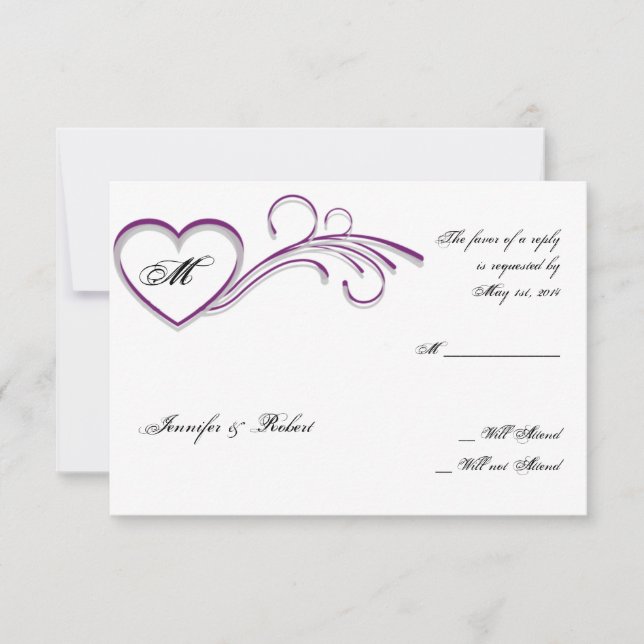 Svarskort för lila Silver Heart Rulla Monogram OSA Kort (Framsida)