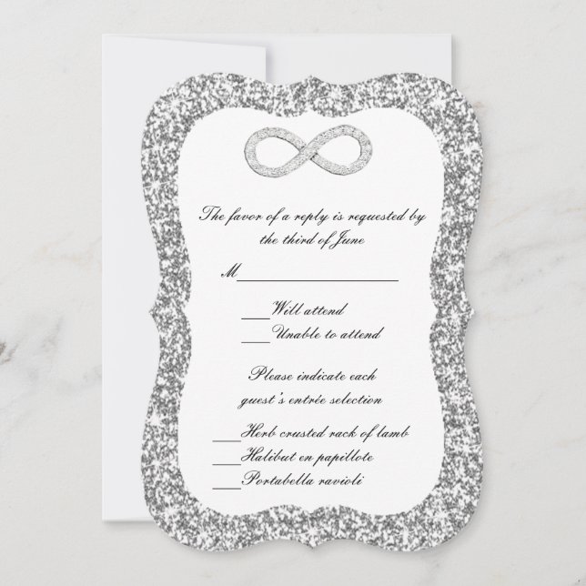 Svarskort för oändlighet i silver Glitter Diamond Inbjudningar (Framsida)