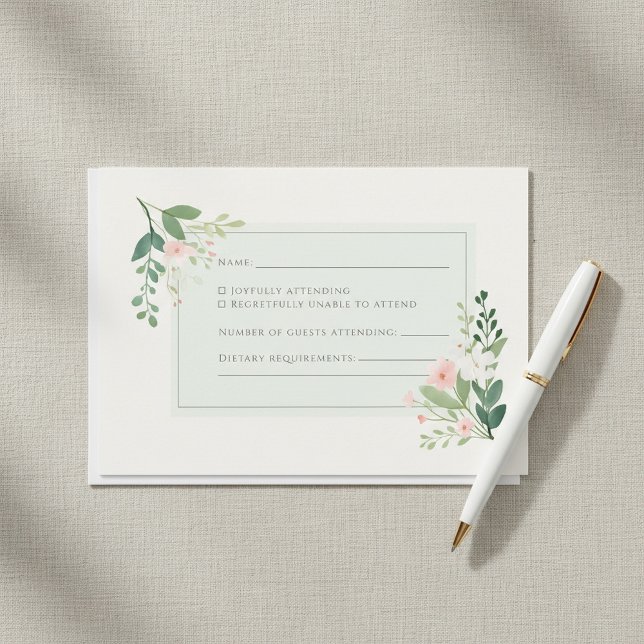 Svarskort för OSA av Blommigt med mjuk grönt, vatt Inbjudningar (Soft green watercolor Floral RSVP Response Card.)
