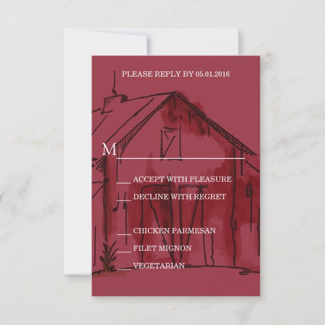 Svarskort för Rustic Red Barn Bröllop OSA Kort (Framsida)