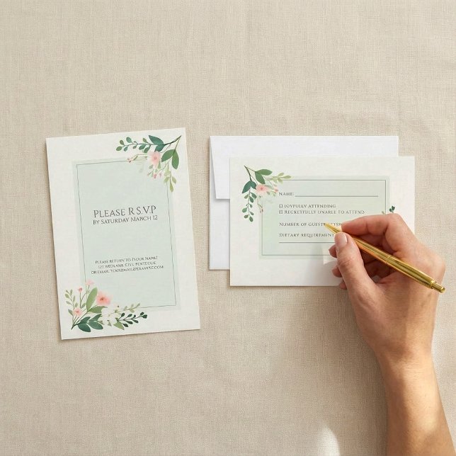 Svarskort för söt grönt Vattenfärgsfärgad Blommigt OSA Kort (Pretty green Watercolor Floral RSVP Response Card.)