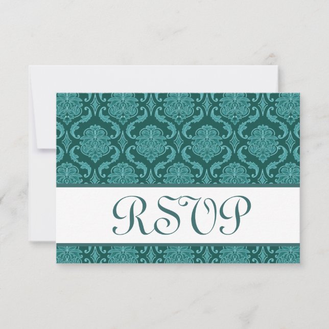 Svarskort för Teal Damask OSA Bröllop Kort (Framsida)