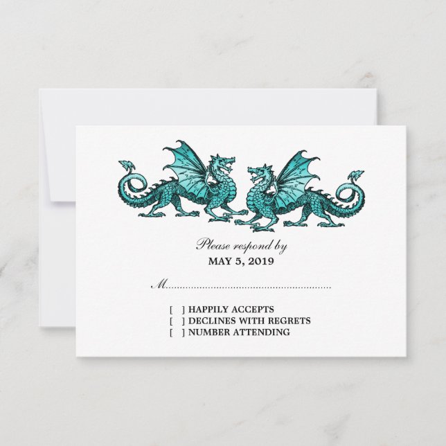 Svarskort för Teal Elegant Dragons Bröllop OSA Kort (Framsida)