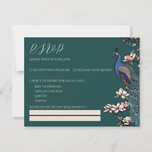 Svarskort för Teal Peacock & Magnolia Bröllop OSA Kort (Framsida)
