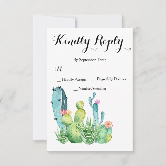 Svarskort för Watercolor Cactus Bröllop OSA Kort (Framsida)