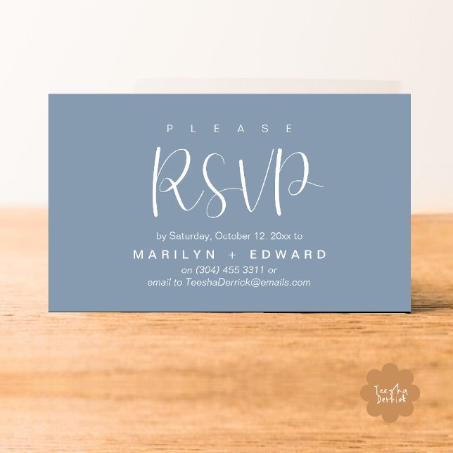 Svarskort förklipp bröllopsinbjudan bifogas tilläggskort (Wedding invitation RSVP via Phone or email respond reminder Enclosure Card in aesthetic Dusty Blue)