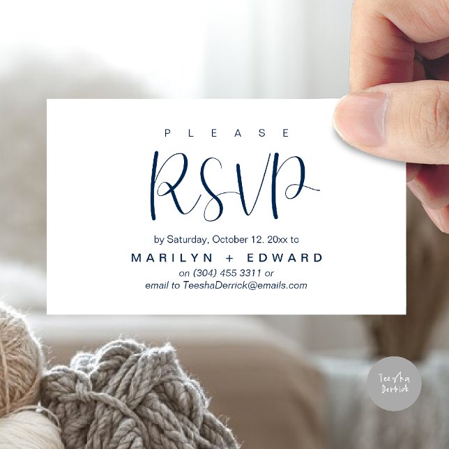 Svarskort förklippte RSVP för bröllopsinbjudan bif Tilläggskort (Wedding invitation RSVP via Phone or email respond reminder Enclosure Card in aesthetic Navy Blue)