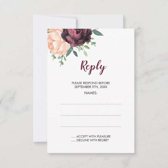 Svarskort från Burgundy Ro Peach Peony Bröllop OSA Kort (Framsida)