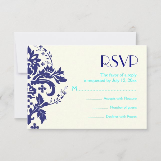 Svarskort från Damask navy blue, aqua bröllop OSA Kort (Framsida)