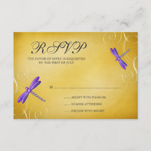 Svarskort lila Guld Dragonfly Swirls Bröllop OSA Kort