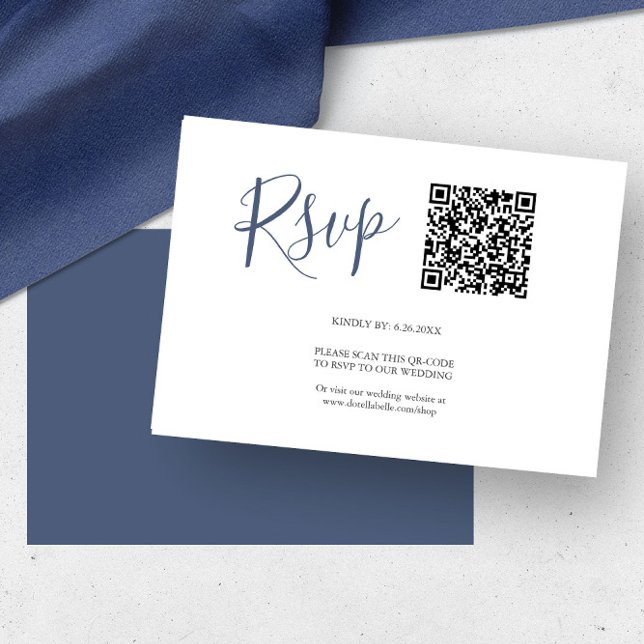 Svarskort med QR-kod i marinblått OSA Kort (QR code rsvp cards navy blue by Victoria Grigaliunas of Do Tell A Belle)