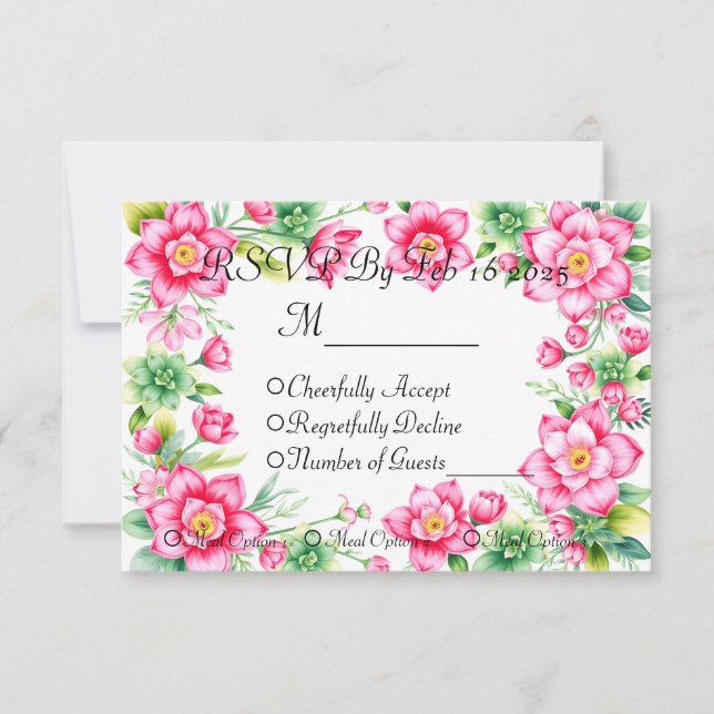 Svarskort med rosa blomma och måltidsalternativ OSA kort (Framsida)