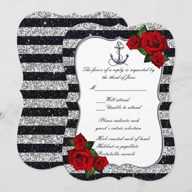 Svarskort Nautical Anchor Silver Black Rand Inbjudningar (Fram/baksida)