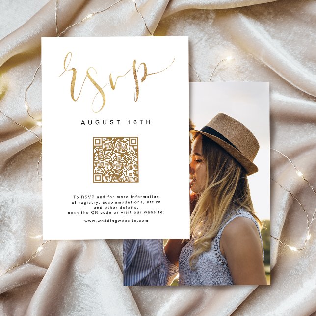 Svarskort OSA Kort (Gold Modern Simple Script wedding QR code RSVP Card)