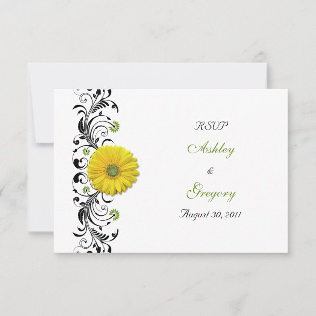Svarskort på gult Gerbera Daisy Black Grönt Blommi OSA Kort (Framsida)