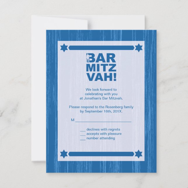 Svarskort Pub Mitzvah av fetstil i blått Inbjudningar (Framsida)