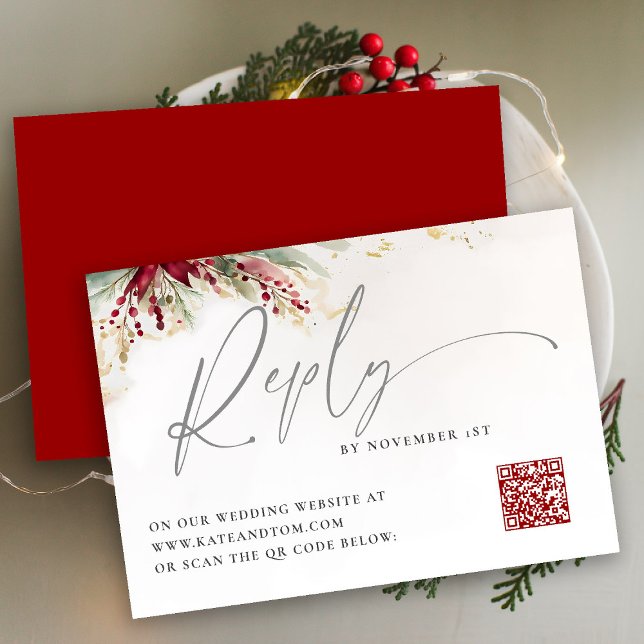 Svarskort QR för vintergrön jul Röd Grönt QR (winter wedding christmas bow greenery berries watercolor rsvp card meal elegant modern qr code)