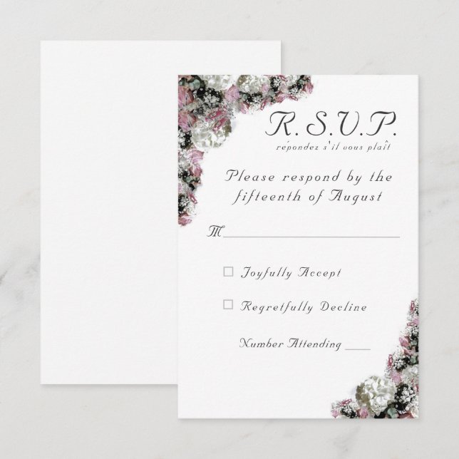 Svarskort rosa & vit Blommigt katolskt Bröllop OSA Kort (Fram/baksida)