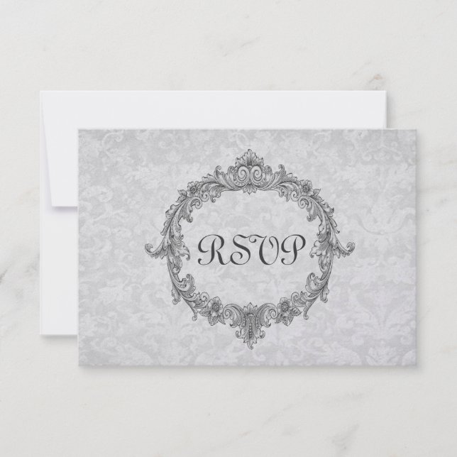 Svarskort silver och Grått Damask OSA Bröllop Kort (Framsida)