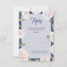 Svarskort White Peony Blommigt Blue Bröllop