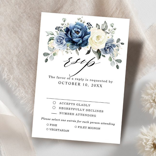 Svarsmål för Dusty Blue White Blommigt Bröllop OSA Kort (Dusty Blue White Floral Wedding Reply | Meal Choice RSVP Card)