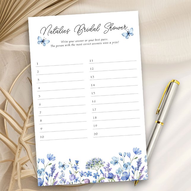 Svarsmall för bröllopsduschspel Blå vildblomma (Bridal Shower game cards for answers to your diy quiz - Blue Wildflower Bridal Shower Collection)