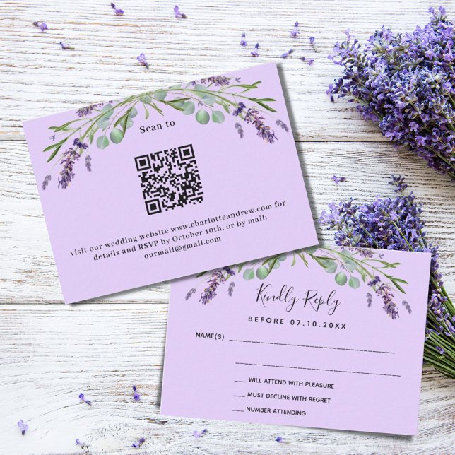 SvarsOSA för Lavender violet greenery QR bröllop Anteckningskort (Skapare uppladdad)