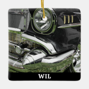 Svart 1957 Chevy-bil, namn på svart, eller ditt fo Julgransprydnad Keramik