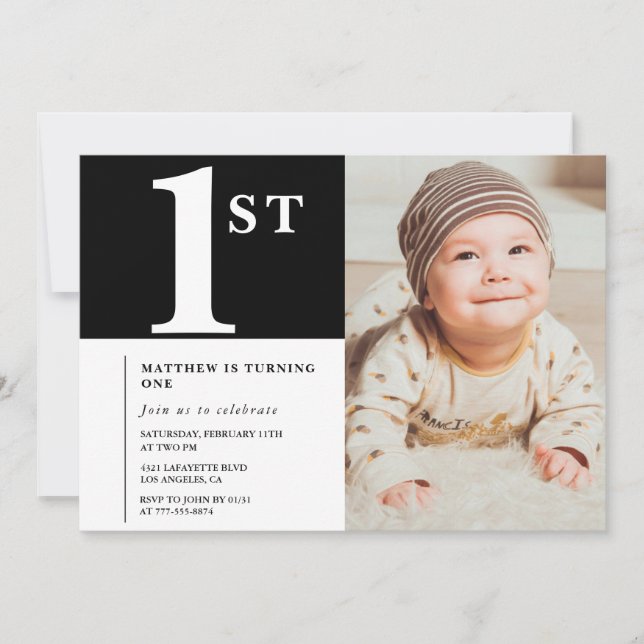 Svart 1-års inbjudan Chic Pojke Foto (Framsida)