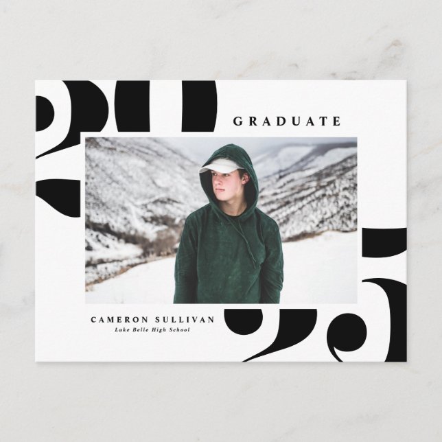 Svart 2025-foto med fetstil, Studenten Inbjudan Vykort (Framsida)