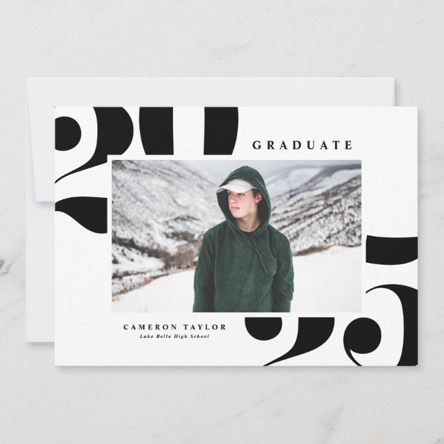 Svart 2025-foto med fetstil, Studenten Inbjudningar (Framsida)