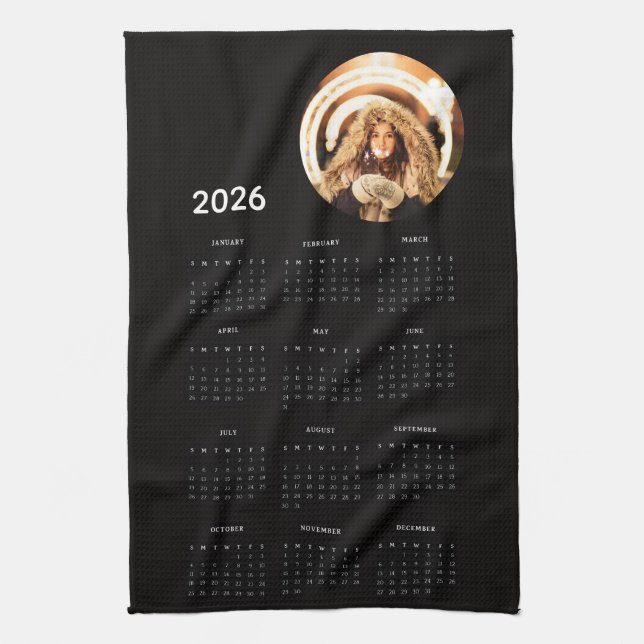 Svart 2026 kalender rund foto  kökshandduk (Vertikal)