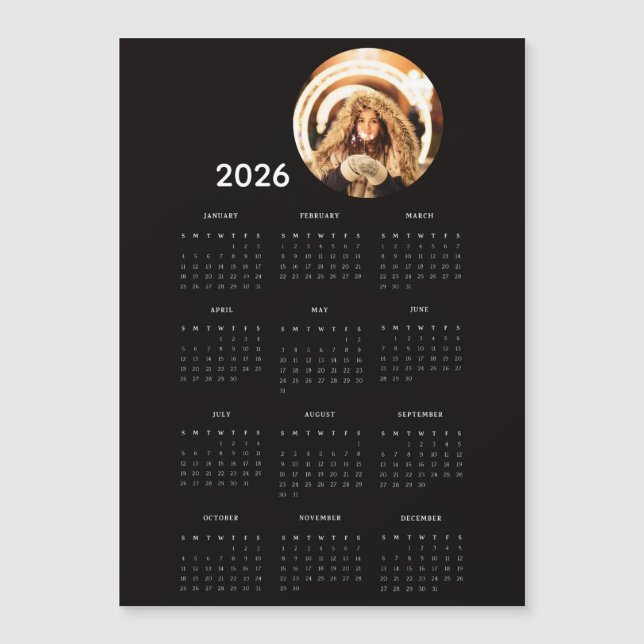 Svart 2026 kalender rund fotomagnetkort (Framsida)