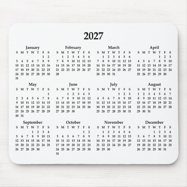 Svart 2027-kalender på vit bakgrund musmatta (Framsidan)
