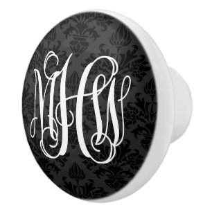Svart 2 Tone Damask #3 Vinranke Mönster Monogram Knopp