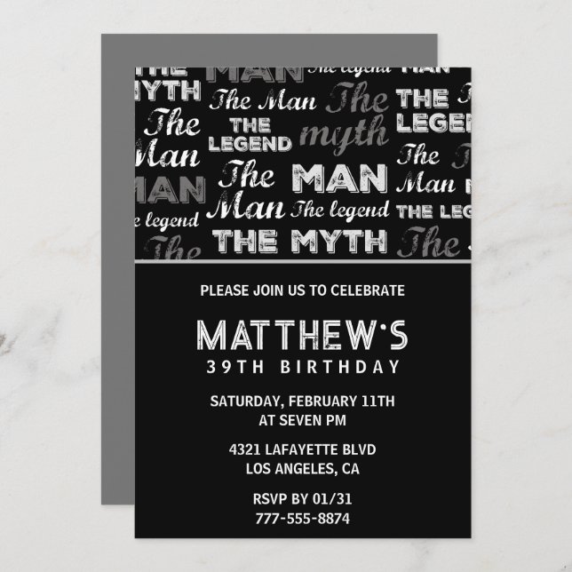 Svart 39-årsinbjudan till honom Myth Legend Inbjudningar (Fram/baksida)