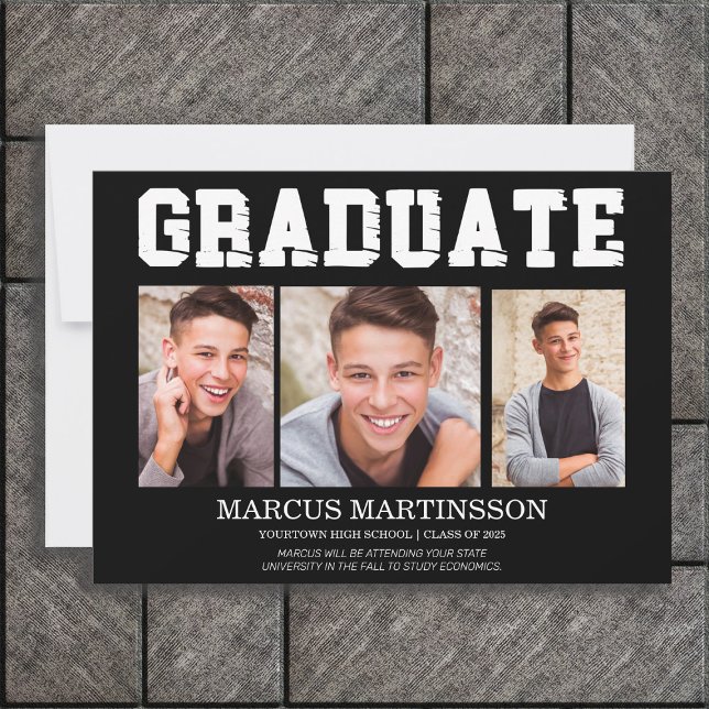 Svart 3 Foto Examenstillkännagivande Inbjudningar (Black and white 3-photo graduation announcement for him. High School or College graduates)