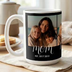 Svart 3-foto-mugg med texten Mom Established Kaffemugg