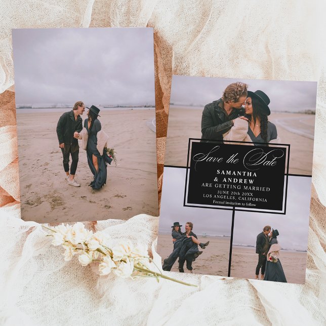 Svart 4-fotokollage sparar datumet bröllop spara datumet (Black 4 photos collage save the date wedding)