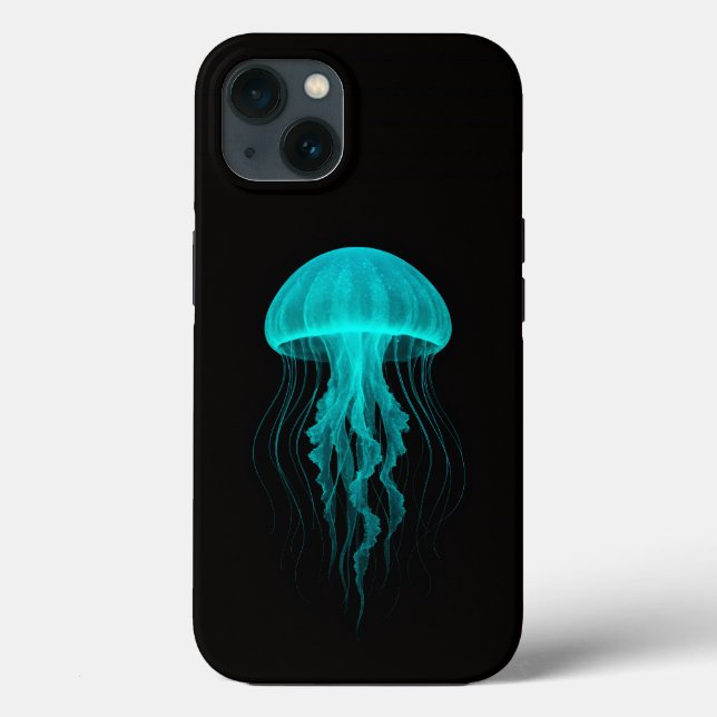 Svart 4 Luxe iPhone 13-fodral, Aqua Glow Jellyfish (Baksida)