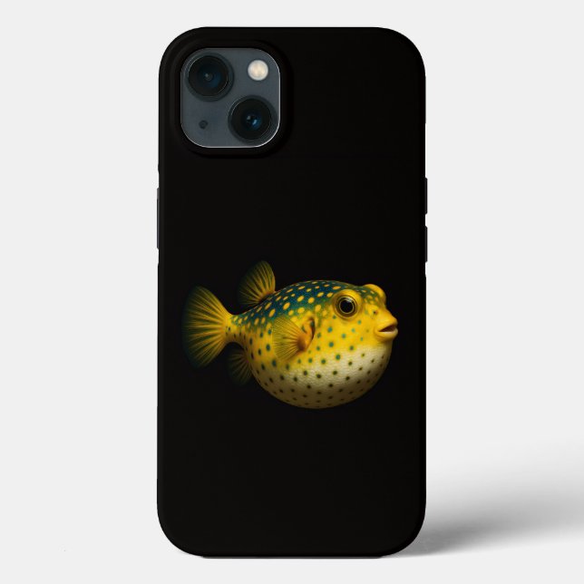 Svart 4 Luxe iPhone 13-fodral, Gul Puffers fisk (Baksida)