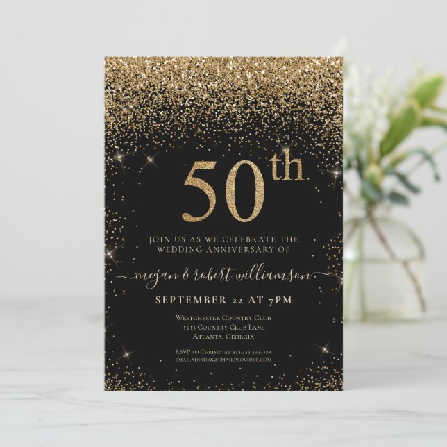 Svart 50-årsjubileumsfest med guldglitter inbjudningar (Stående Fram)