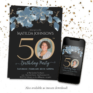 Svart 50:e födelsedag Blått Guld-Blommigt, Anpassn Inbjudningar