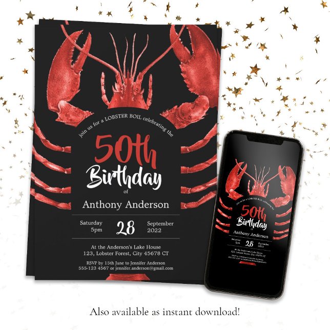 Svart 50:e födelsedag Seafood SommarAnpassningsbar Inbjudningar (Black 50th Birthday Lobster Seafood Summer Custom Invitation)